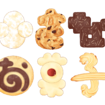小さなお菓子/クッキー　オランダ語で焼き菓子を意味する「koek」に由来する。 「koek」の小さなものを「koekje」と言い、英語にて現在の「cookie」となった。